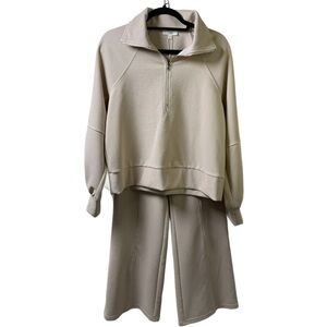 Women's Beige wide leg Pants & Pullover Set